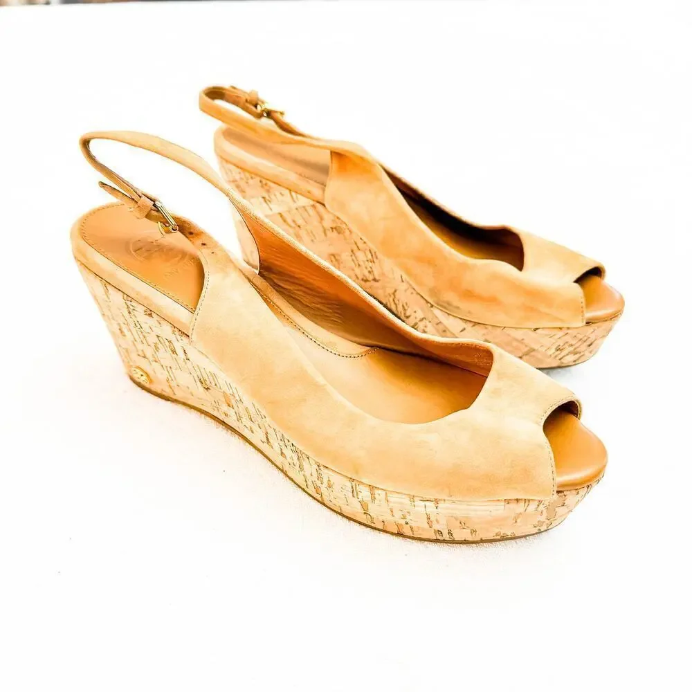 Tory Burch Tan Suede Peep Toe Wedge Slingback Sandals Size 8